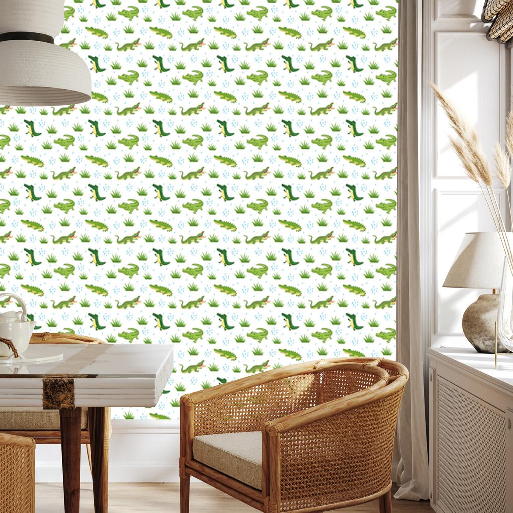 Crocodile wallpaper white, lime, light gray and green 50x1000