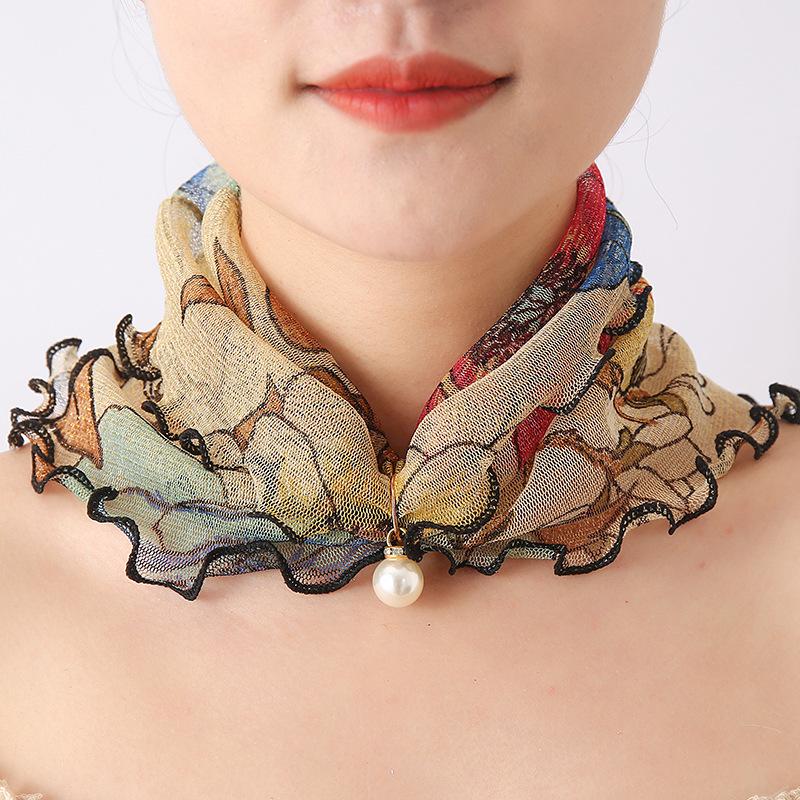 

Модный принтованный шарф из марли с жемчужной подвеской, весенний легкий шарф-глушитель, женский декоративный маленький шелковый шарф, повязка на голову