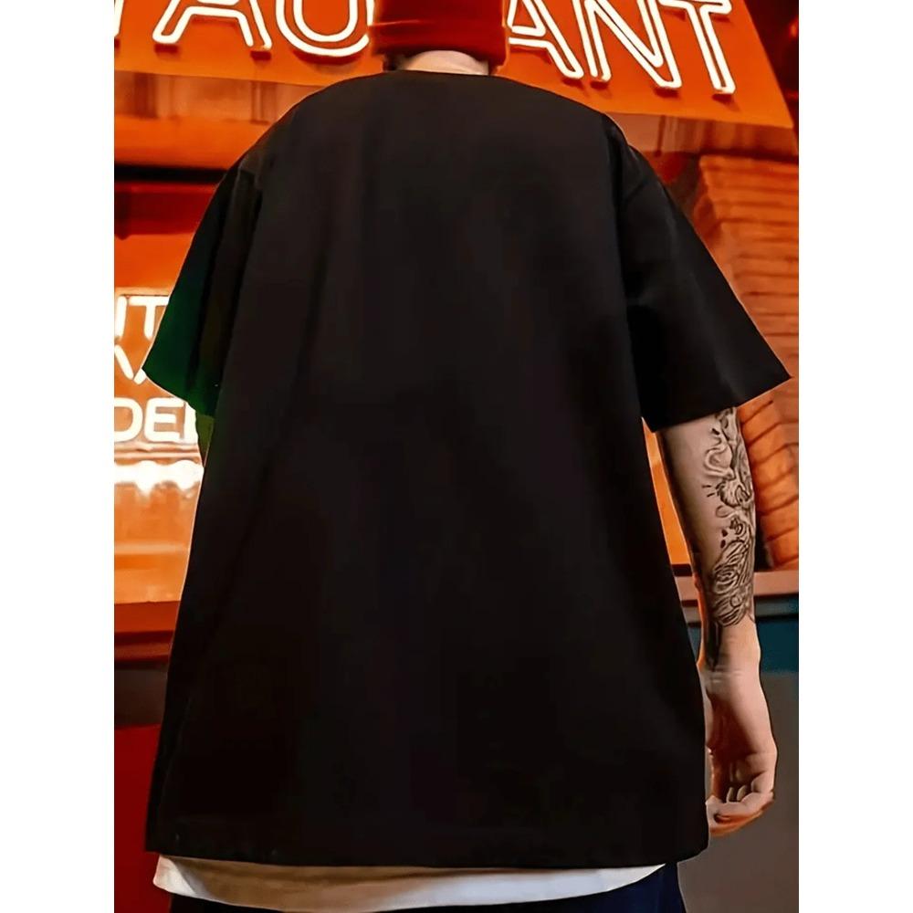 Men's Summer Casual Black T-Shirt with The Metors Graphic Crew Neck Polyester Machine Washable Featuring Flame & Guitar Design