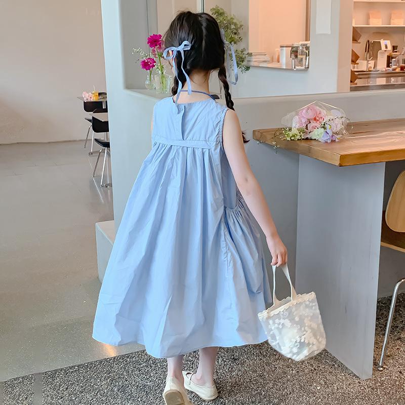 Summer Children Girl Sleeveless Dress 2-10Y Kids Girl Round Collar Infant Babys Girl Dress Cotton Side Pockets Little Girl Dress