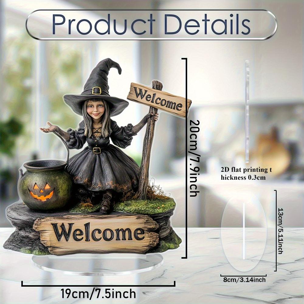 2D Flat Halloween Witch Pumpkin Acrylic Decoration - with Welcome Logo, Vintage Tabletop Ornament with Base, Perfect Halloween Gift