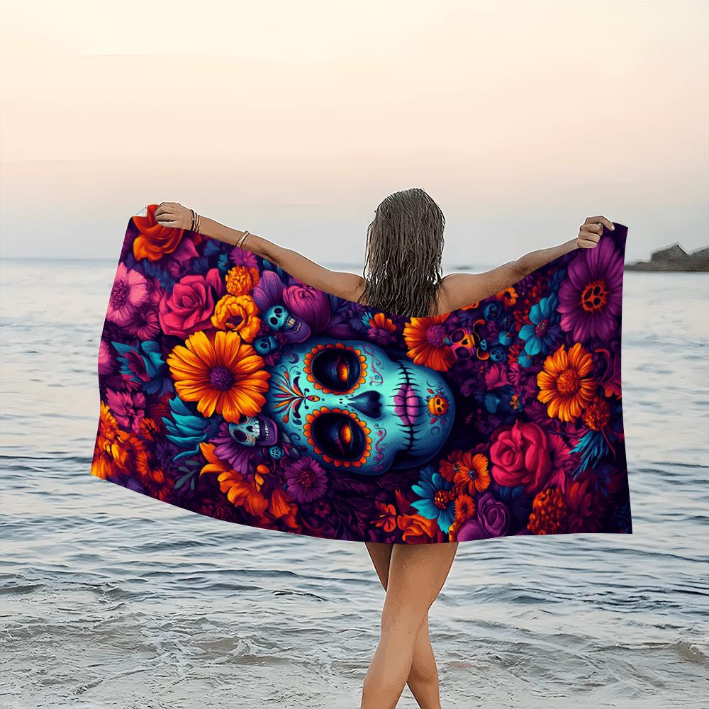 Oversized Bohemian Beach Towel - Vibrant Floral & Skull Print, Super Soft Microfiber, Quick-Dry Absorbent for Poolside, Summer