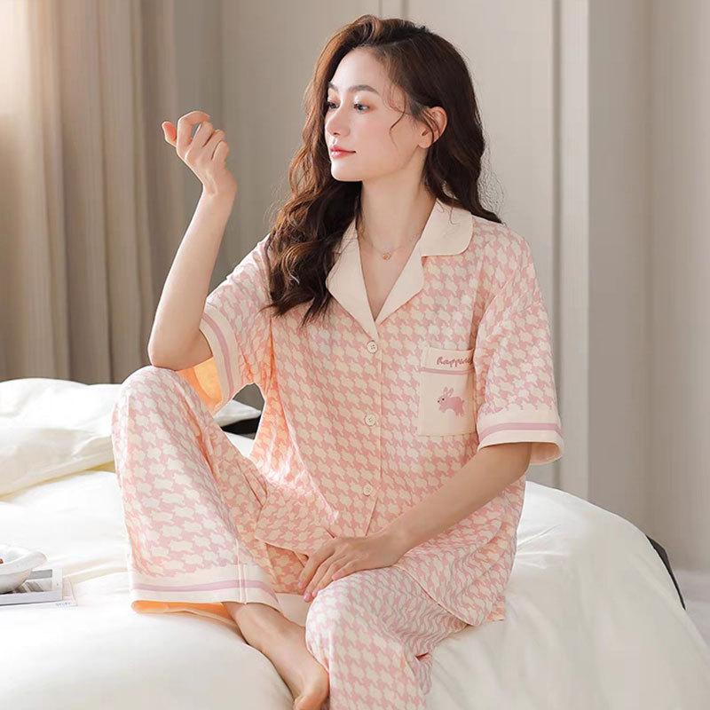 Women'S Pajamas Sweet Pink Thousand Bird Grid Summer Cardigan Cotton Short-Sleeved Trousers Soft Skin-Friendly Loungewear Set