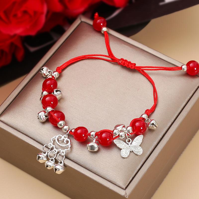 Step By Step, Ethnic Wind Blessing Brand Bell Bracelet Imitation Garnet Bracelet, Miao Jiang Girl Woven Red Rope Hand Rope