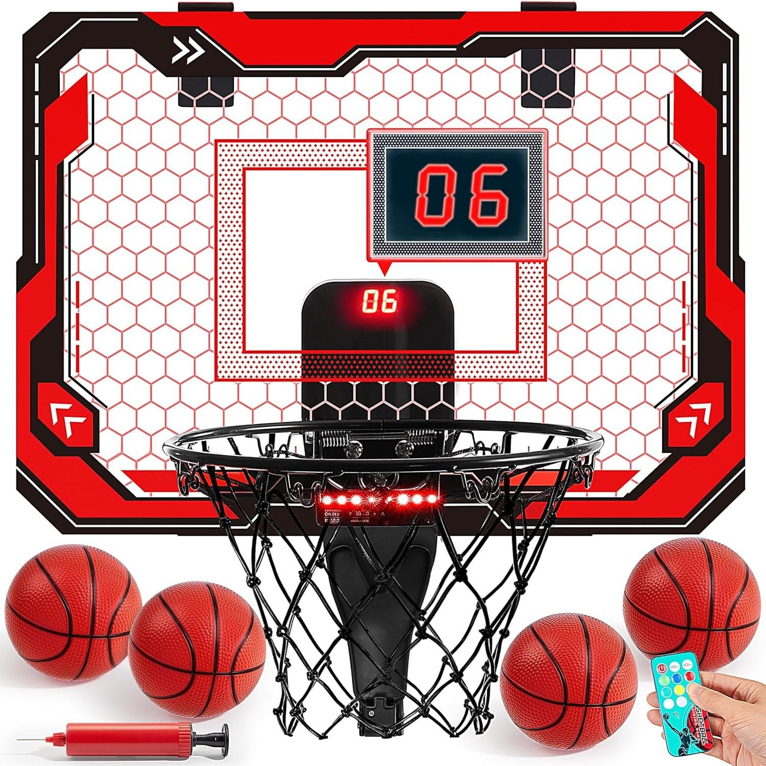 

Mini Indoor Basketball Hoop Light Up Over The Door Basket Ball Hoop designed for Children Playthings Birth Date Gifts featuring Scoreboard and 4