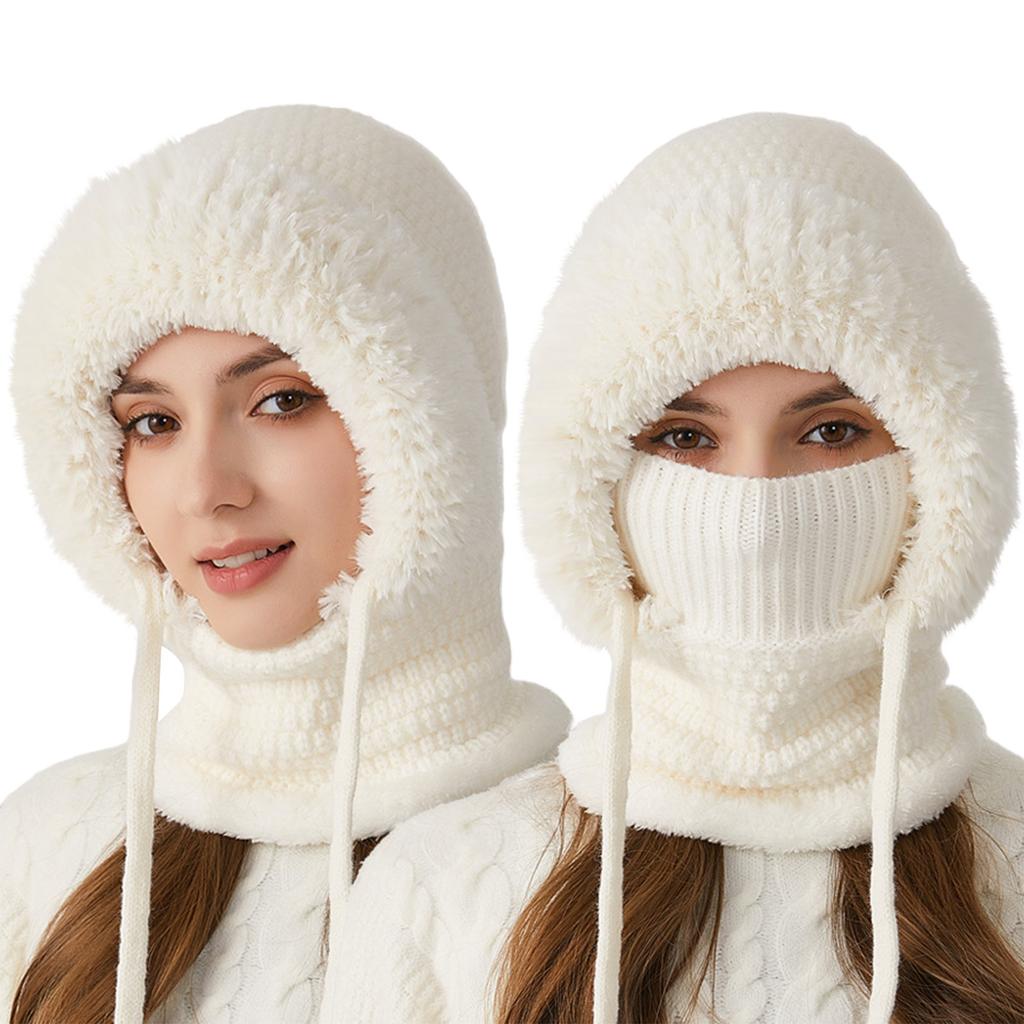 Women's Outdoor Winter Fleece-Lined Thick Knitted Hat, Neck Warmer, Face Covering Mask Warm Set