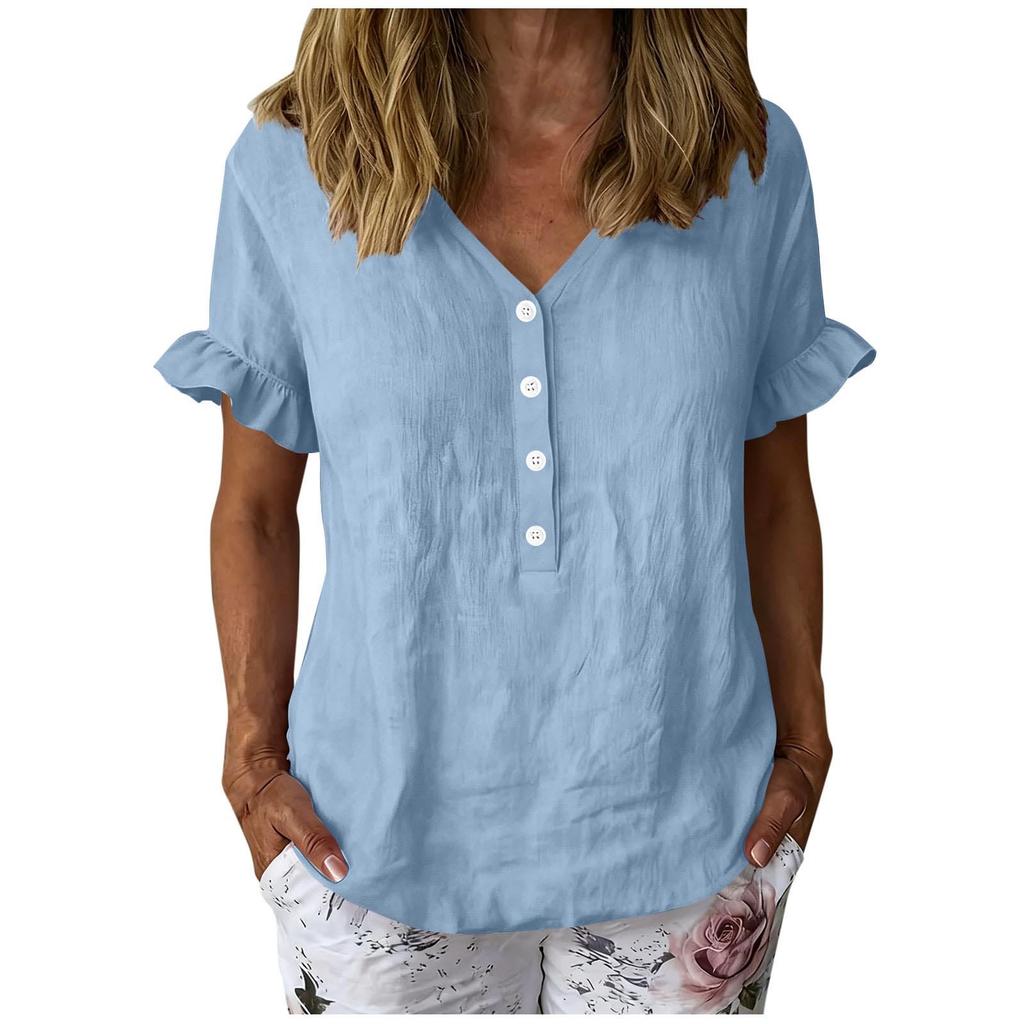 Women’s Casual Button Front Ruffle Sleeve Shirt Loose Fit Cotton Linen Blouse Relaxed Fit V Neck Top for Daily Wear