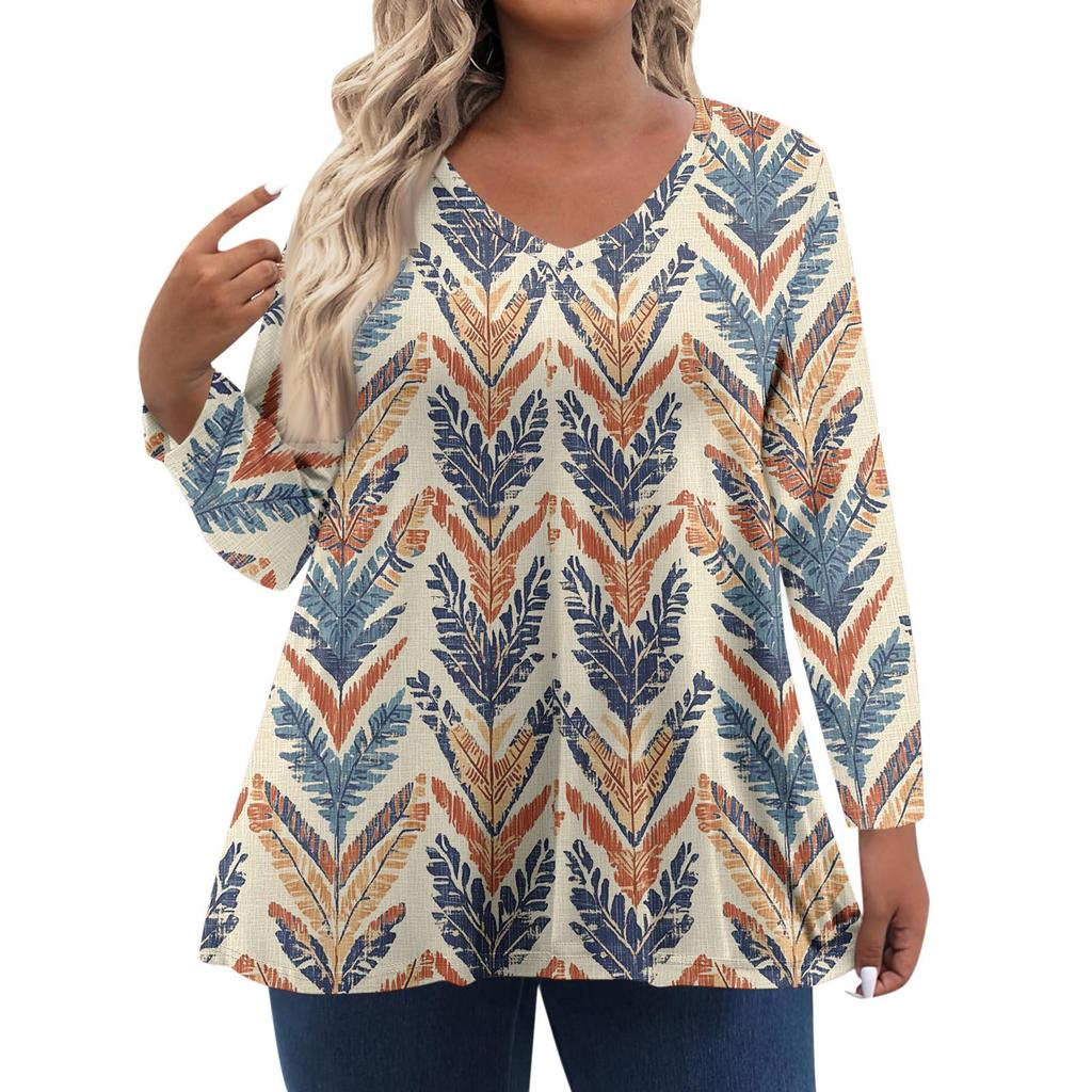 Women's Fashionable Casual Long Sleeved Plus Size Floral Print Top Plus Size Floral Print Top
