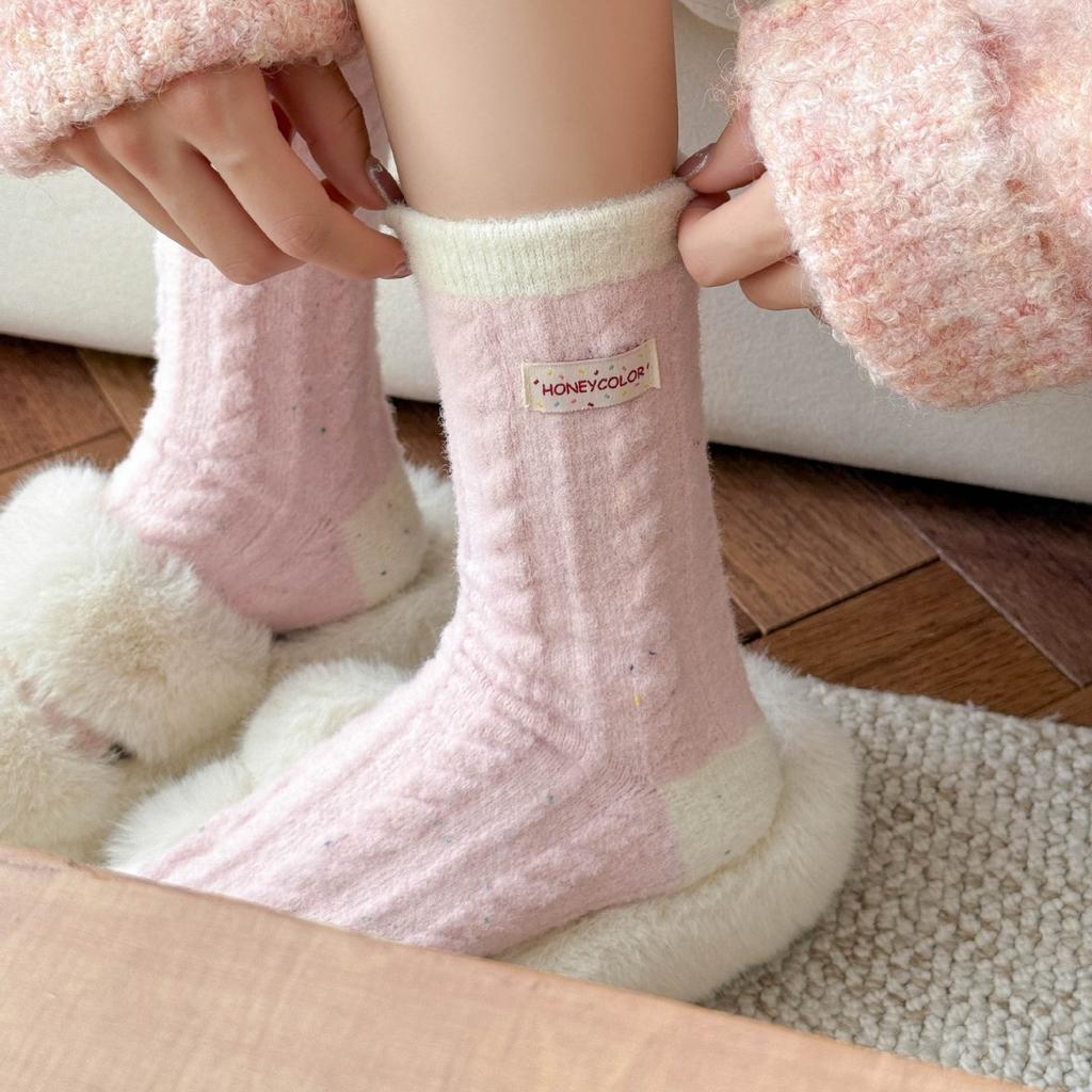 Socks Women's Winter Maillard Color Warm Plush Thickened Plush Striped Medium Tube Socks Home Sleeping Socks