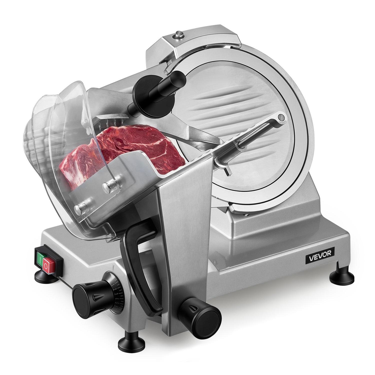 Trancheuse à Viande Commerciale, Trancheuse Électrique pour Charcuterie 240W avec Lame en Acier au Carbone de 250mm, Affûteur Intégré et Épaisseur Réglable de 0 à 12mm pour Congelé