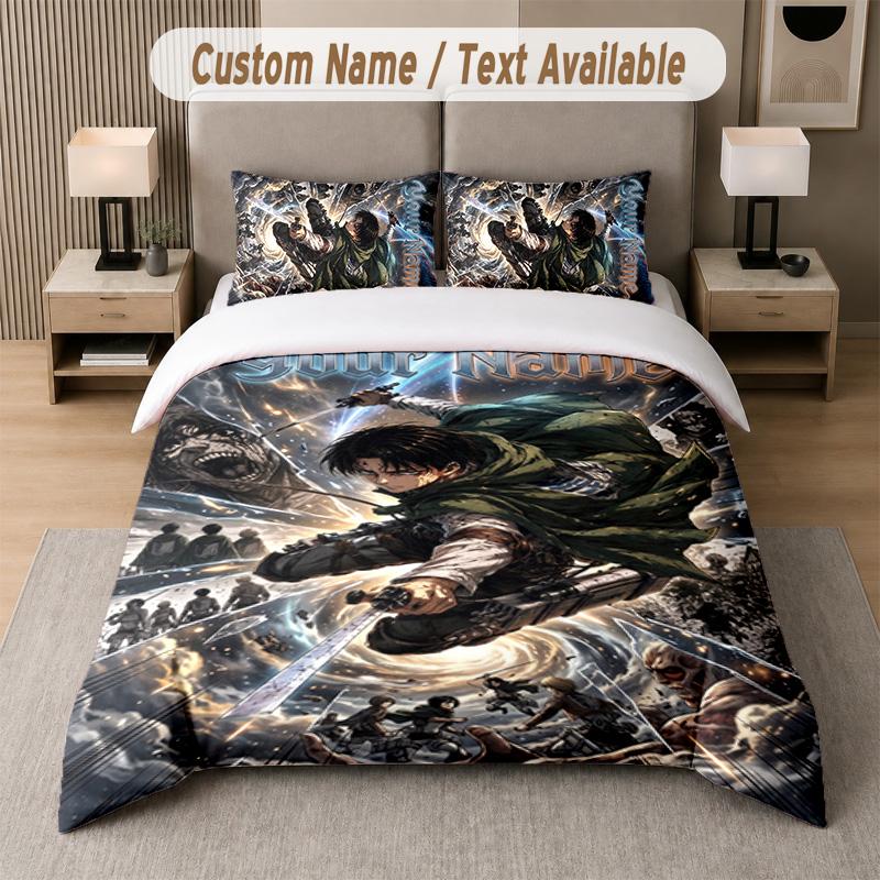Attack On Titan 3Pcs Bedding Set, Personalized Custom Name Text, 1 Duvet Cover & 2 Pillowcases For Bedroom