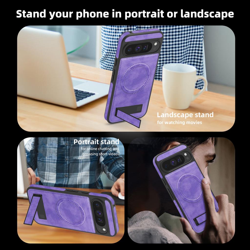 For Google Pixel 9 Pro XL Case Compatible with MagSafe Kickstand Leather Phone Back Cover