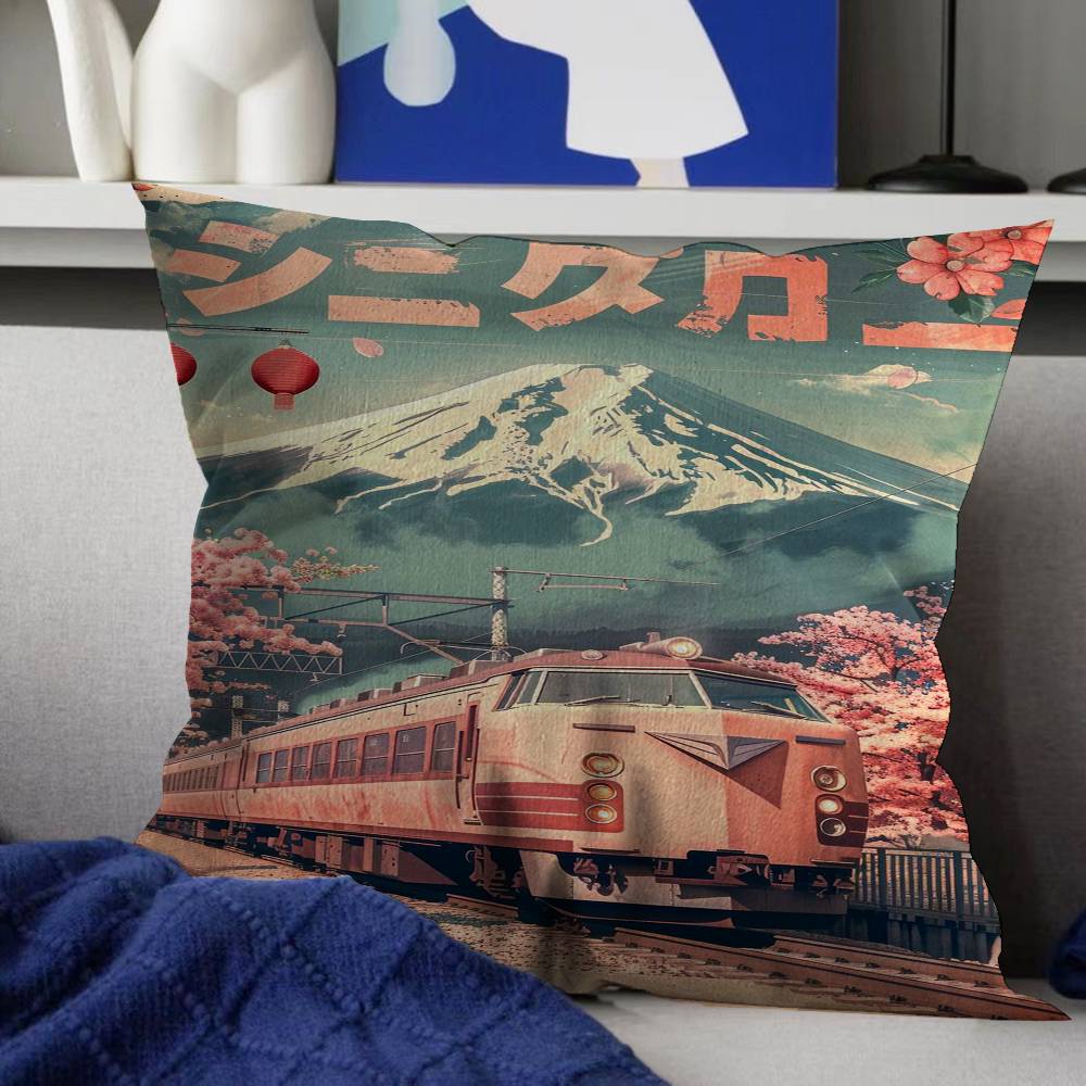 Retro Japanische Landschaft Leinwanddruck Asiatische Eisenbahn Personalisierte Kissenhülle Kinderzimmer Wilde Party Dekor Kissenbezug