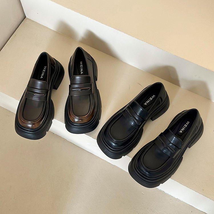 Platform Thick Heel British Style Small Leather Shoes Women's 2025 New Autumn and Winter One-pedal Women's Shoes Single Shoes Black Loafers