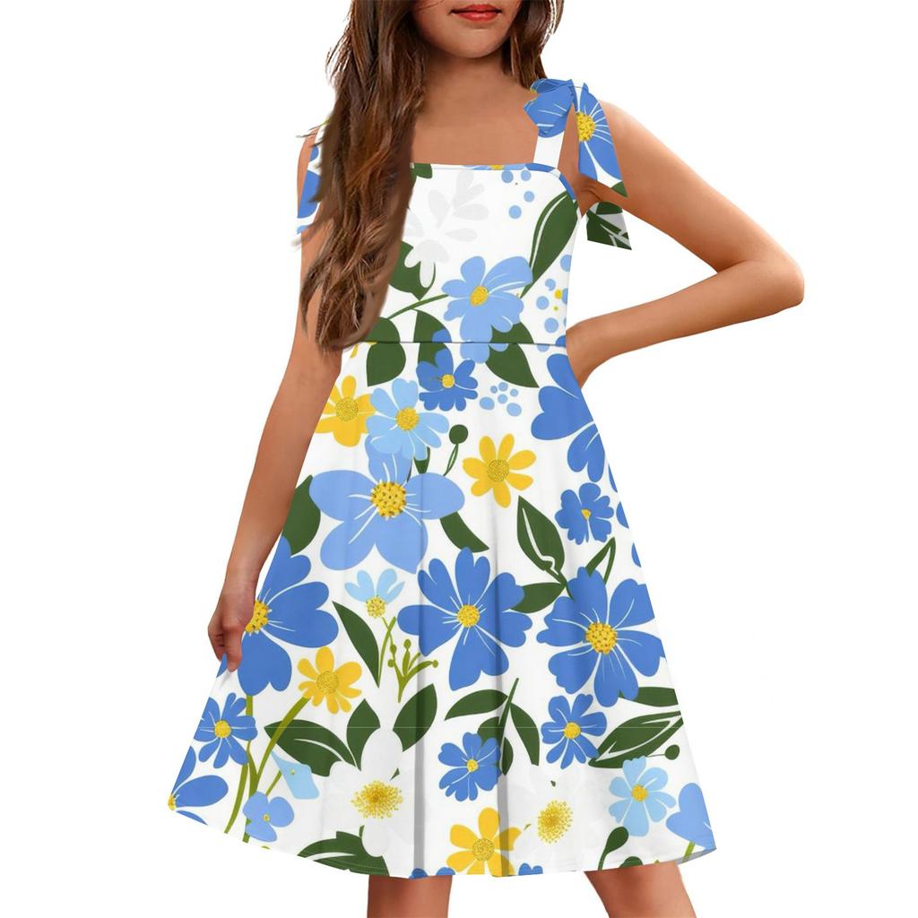 Barnejumpsuit uten mansjetter, lomme, firkantet hals, avslappet, blomstermønstret kjole