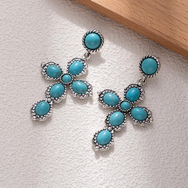 

Zinc alloy turquoise cross earrings for women, light luxury retro exaggerated trend bohemian earrings