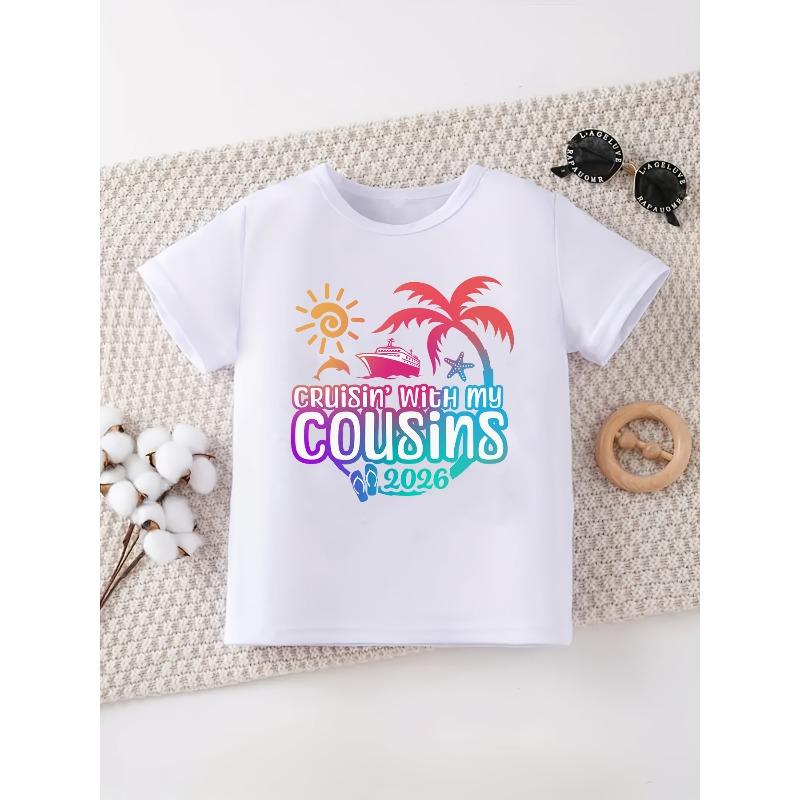 European sizes Cruising with My Cousins Printed T-Shirt for Girls/Boys, Cruise Travel T-Shirt, Family Vacation T-Shirt, Cute Kids Clothing 110 белый