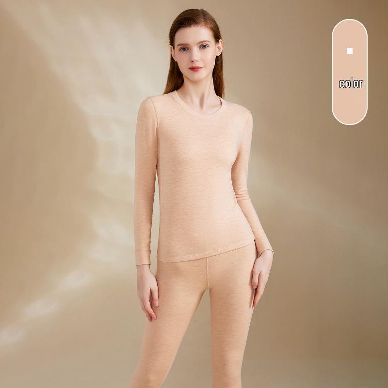 Cashmere Silk Round Neck Edged Antibacterial Fleece-Lined Women's Autumn Undershirt & Pants Set - Warm & Skin-Beautifying.