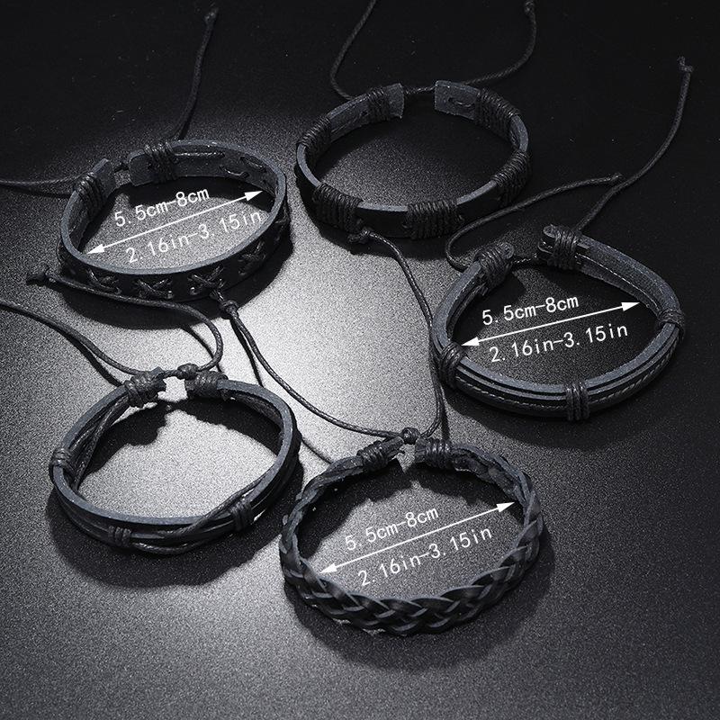 Men's Handmade Multi-Layer Black Leather Braided Bracelet Set - 5 Pieces, Hip Hop Style.