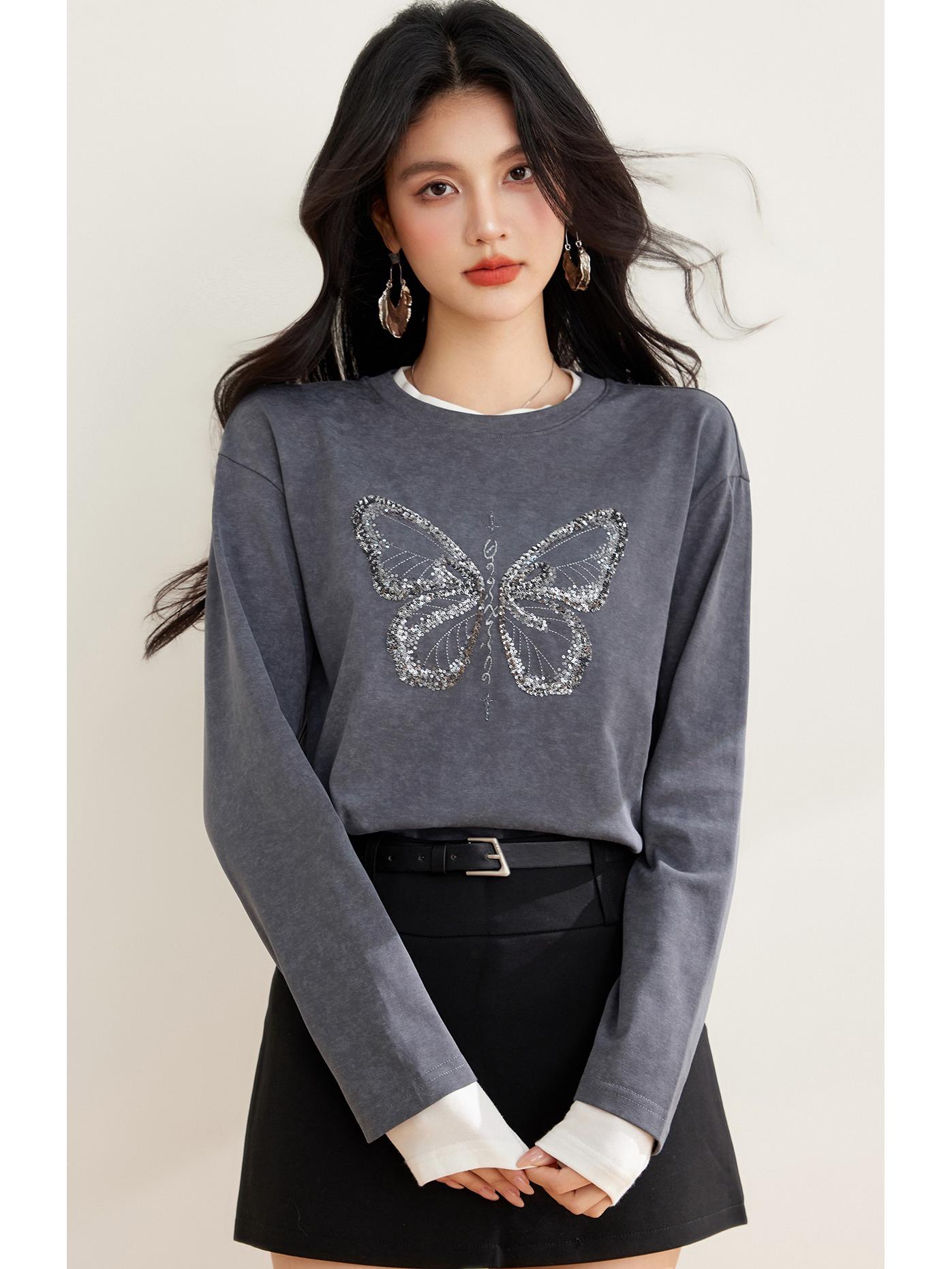 

2025 Spring Women s Grey Crew Neck Long Sleeve Versatile T-Shirt L