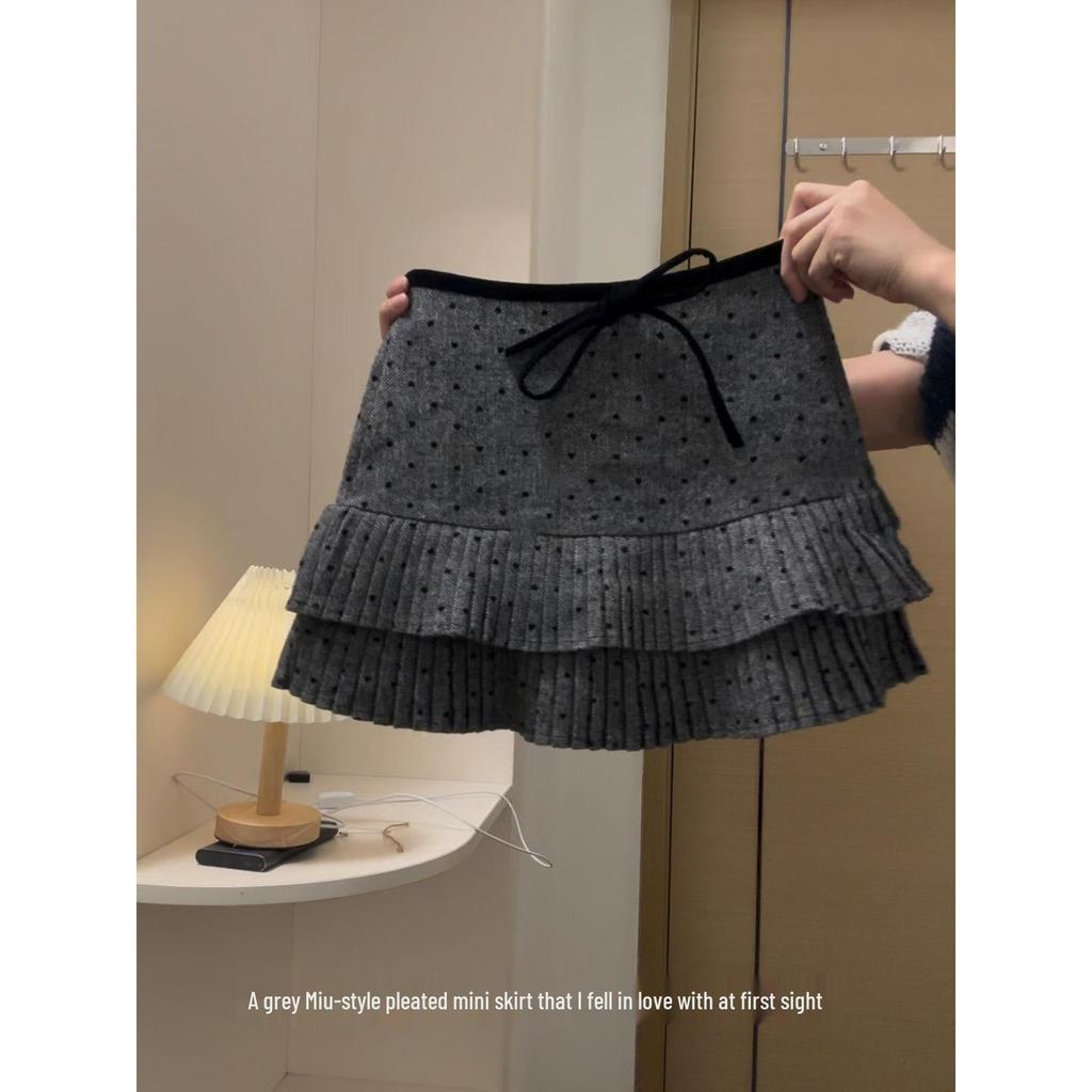 Plus Size A-line Polka Dot Wool Pleated Skirt - High Waist, Slimming, Spring/Autumn Wear