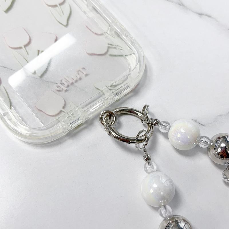 Y2K Silver Bow Beaded Phone Case Lanyard Stylish Bead Phone Chain Wrist Band Anti Lost Phone Strap Earphone Pendant Keychain