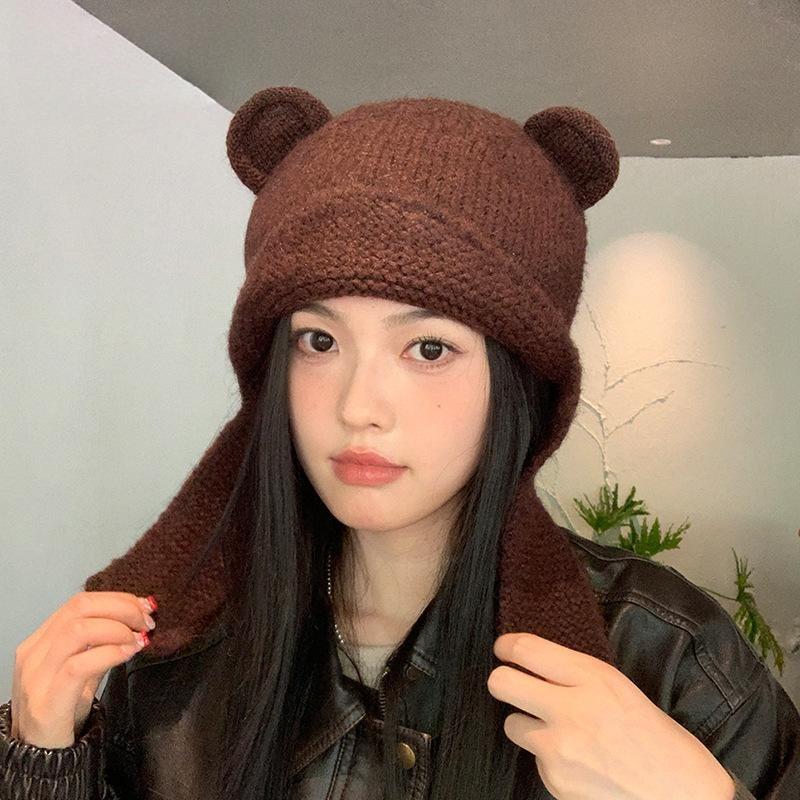 Nuovo cappello lavorato a maglia in lana con orsetto, autunno e inverno, cappello caldo a pullover, protezione per le orecchie fredde all'aperto per bambini, cappello Lei Feng