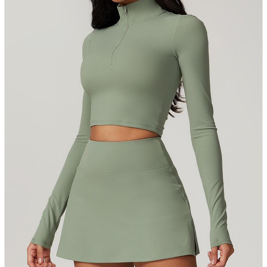 Damen High-Intensity Schnelltrocknender Yoga-Anzug: Oberteil mit Reißverschluss und langen Ärmeln & Laufrock