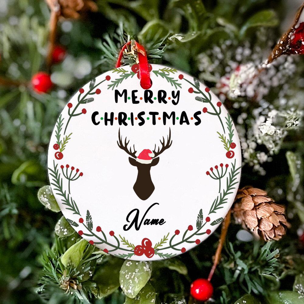 Personalized Name Custom Merry Christmas Ornament Reindeer Wreath Enamel Ornament Cute Christmas Gift for Tree Decoration