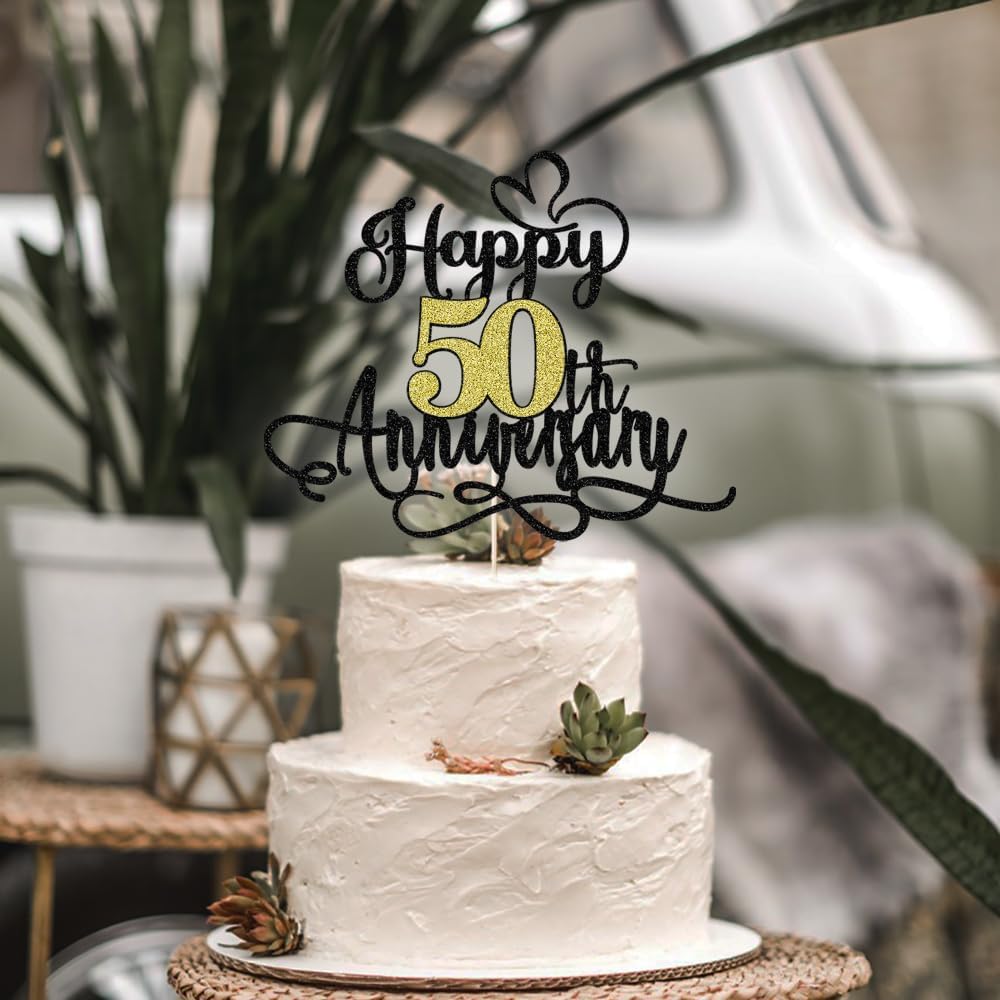 Black Gold Happy 50th Anniversary Cake Toppers- 50 Wedding Anniversary Party Decoration Ideas,Birthday Cake Decorations,50th Anniversary