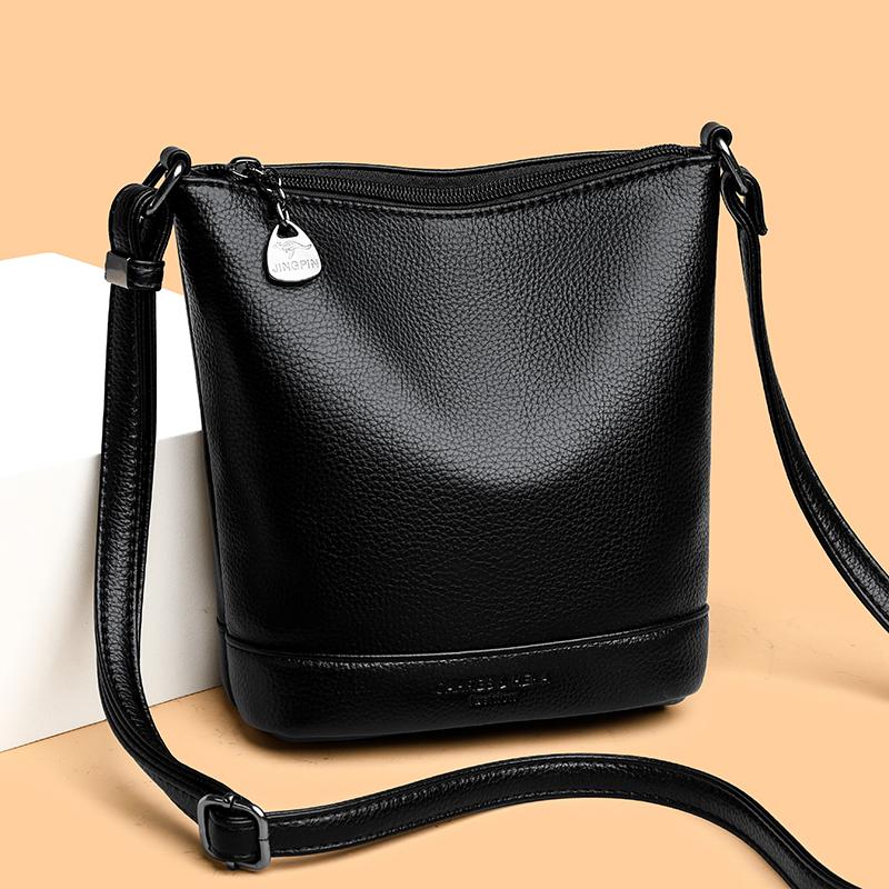 Women's Black Textured Leather Bucket Bag Adjustable Crossbody Bag