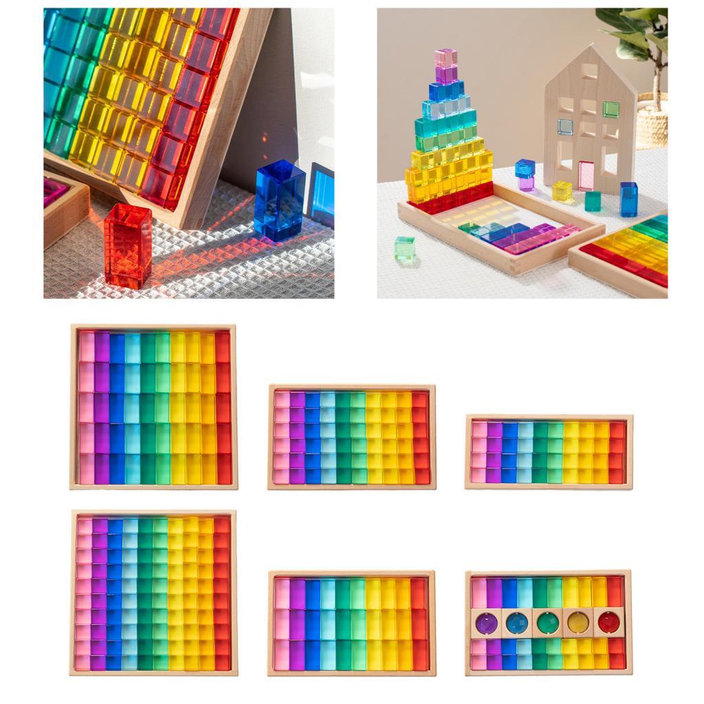 100 Pieces Rainbow Building Blocks Acrylic Gemstone Cubes Stacking Game Toy with Wooden Storage Box