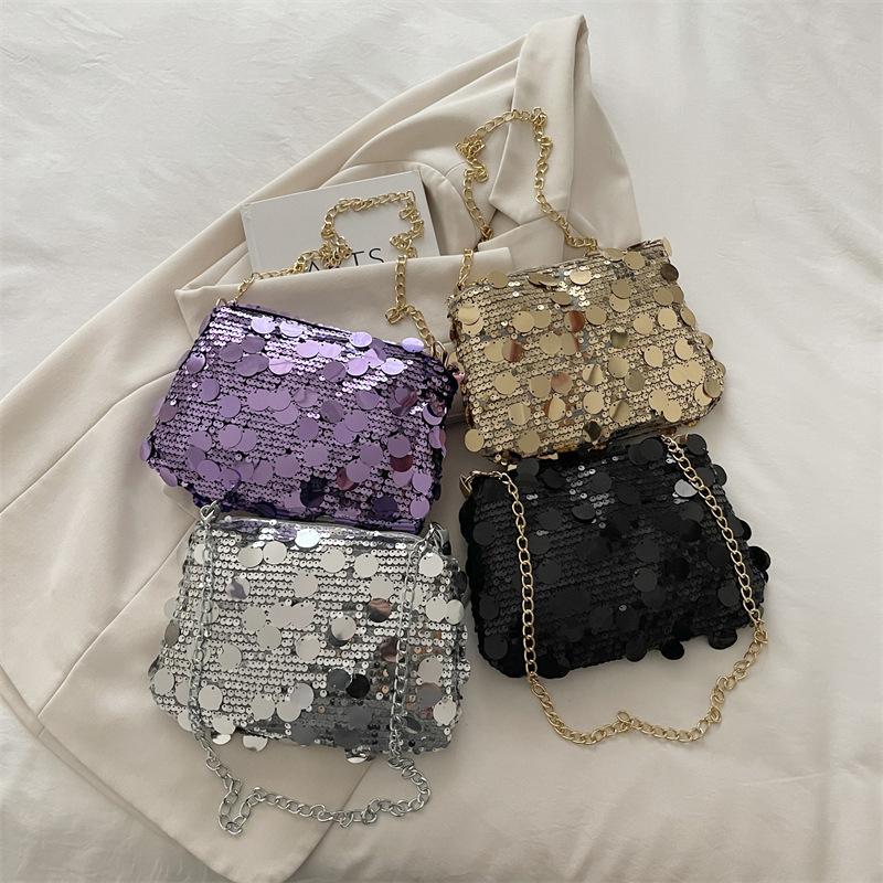 Sequin Evening Party Shoulder Bag for Women Lightweight Chain Crossbody Bag Solid Color Casual Female Handbag Fashion Trendy