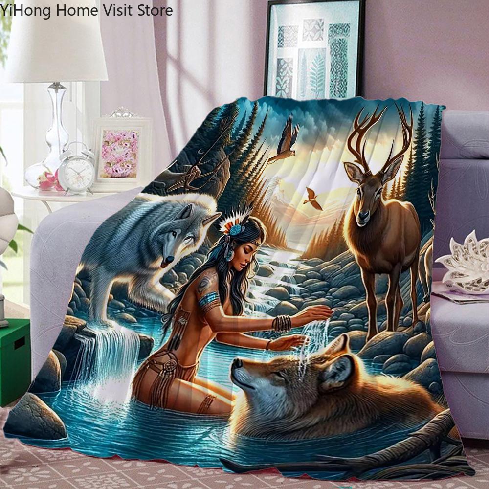 Wolf Woman Deer Animal Picture Flannel Throw Blanket for Cozy Living Room Custom Printed Home Textiles Fashion Warm Blankets