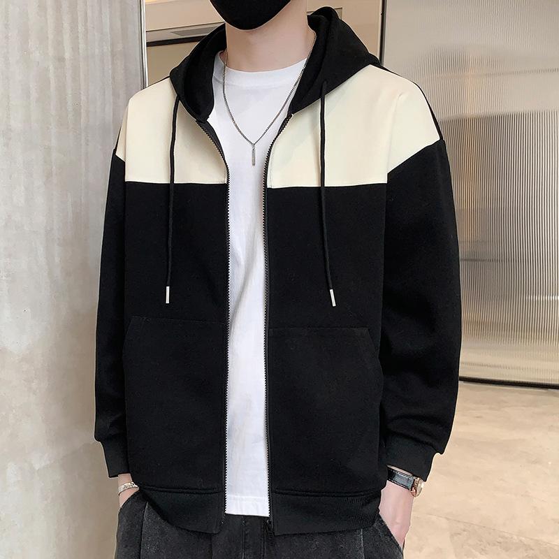 Hooded Cardigan Sweater Jacket Men's Autumn American Loose Top Clothes Men's Color Matching Casual Jacket