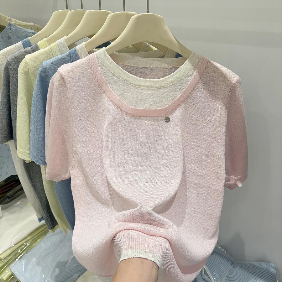 

Наряд в корейском стиле: Вязаный свитер с круглым вырезом, Футболка с короткими рукавами, Укороченный дизайн, Топ-двойка, Женский летний образ высокого класса one size розовый