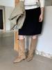 Retro style square head high boots women's autumn and winter thin low heel splicing temperament thin boots