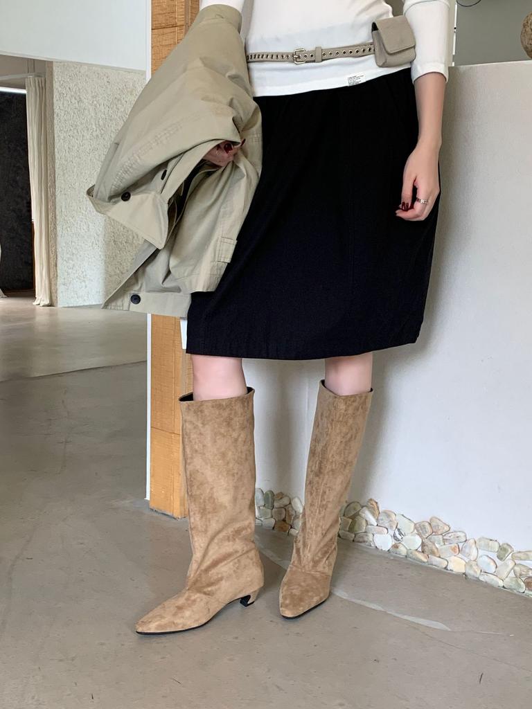 Retro style square head high boots women's autumn and winter thin low heel splicing temperament thin boots