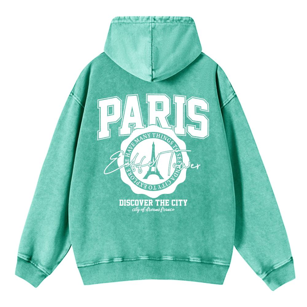 Cotton Womans Acid Wash Hoodies Paris Discover The City Printing Streetwear Oversize Pocket Warm Pullovers Clothes