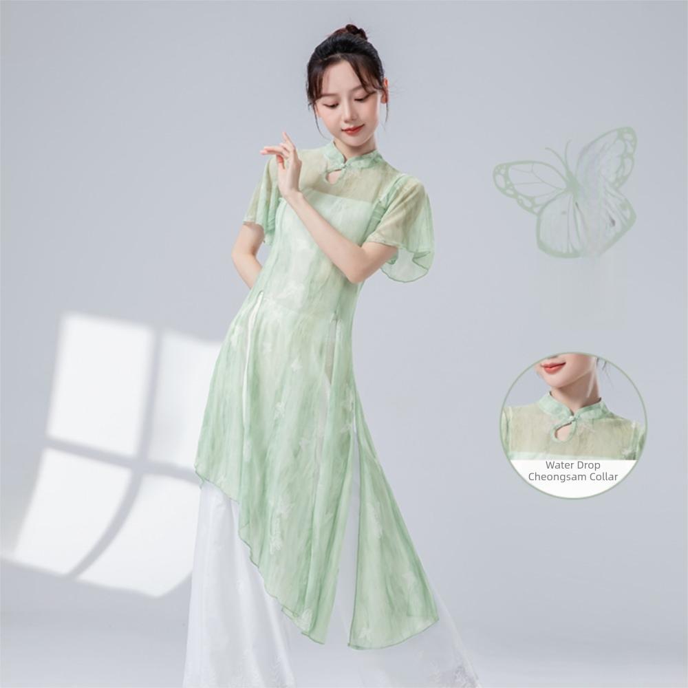 Butterfly Classical Dance Top Cheongsam Neck Dance Mesh Top Fashion Gauze Mesh Shirt  Women