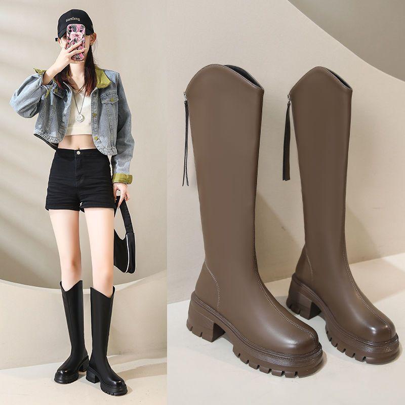 But knee boots women's 2025 autumn new fashionable versatile retro small thick-soled handsome knight boots tide