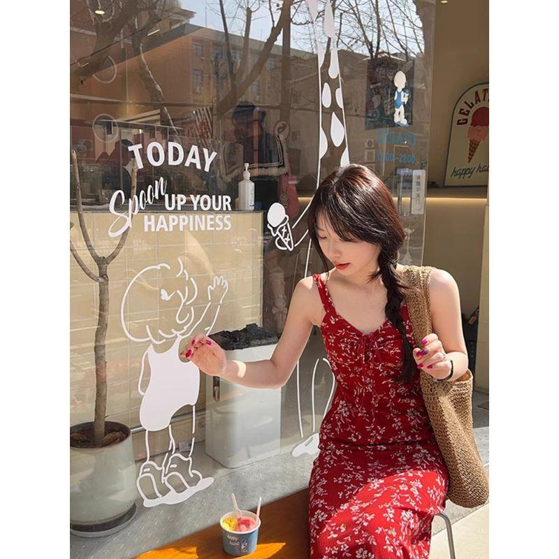 Kumikumi French Style Retro Red Floral Print Dress Women Summer Holiday Style Bow Lace-up Beach Long Dress