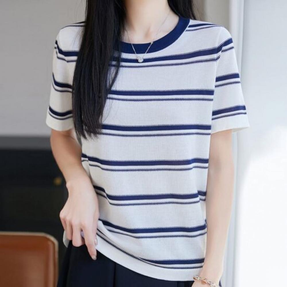 Navava Women Daily Fresh STripe Round Neck ShorT Sleeve KniT T shirT Nk3701