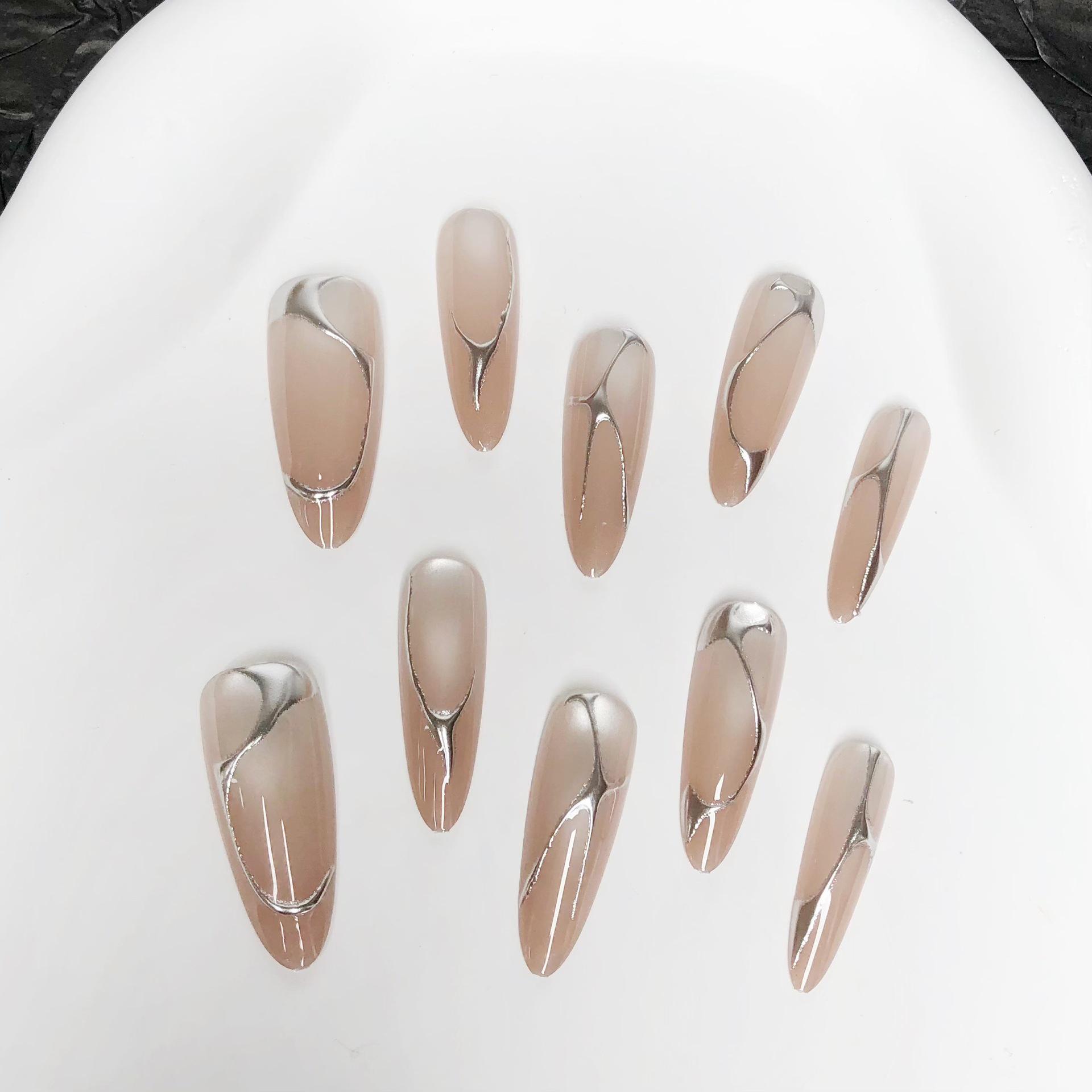 

High-End Silver Punk Style Long Almond Cat Eye Press-On Nails with Glass Beads