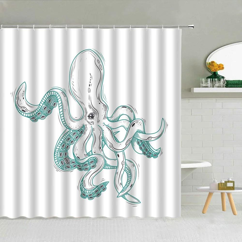Fun Cartoon Sea Animal Shower Curtain, Sea Turtle Octopus Jellyfish Whale Crab Sea Life Landscape, Bathroom Shower Curtain Set