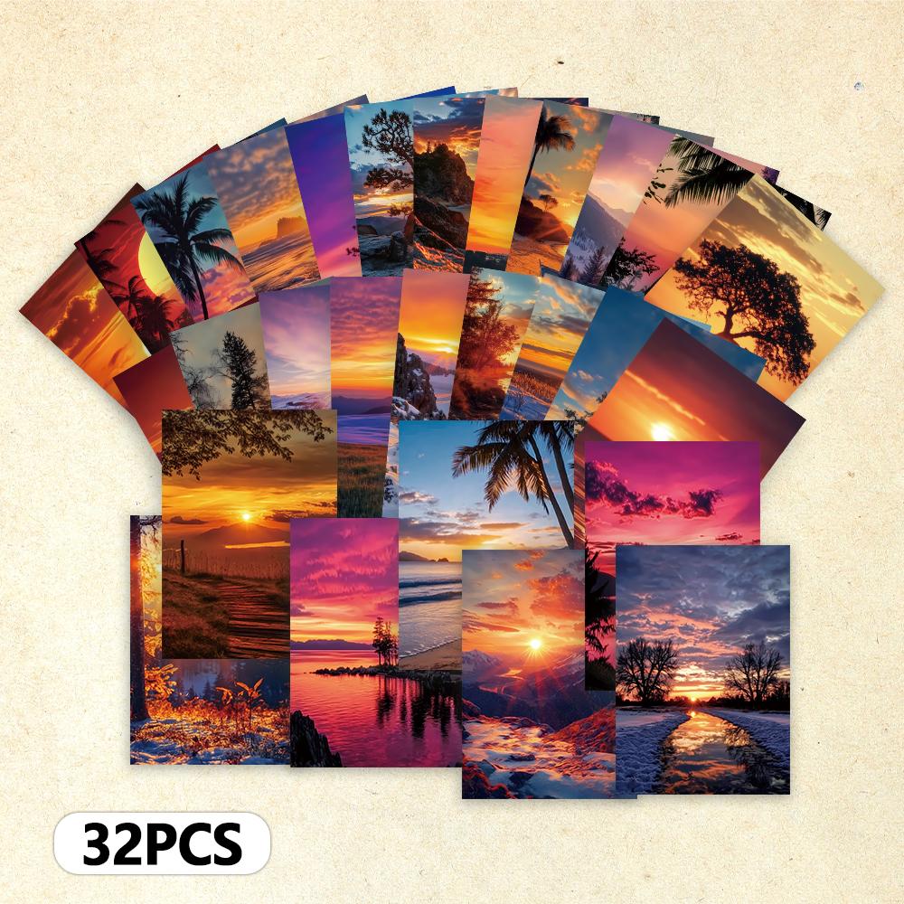 32pcs, Various Scenic Postcards, Sunset Postcards, Wall Stickers, Message Cards, Cards, DIY Postcards, Festival Decorations