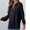 Women's Fashion Long-Sleeved Drawstring Button-Up V-Neck Casual Solid-Colour Sweatshirt Top