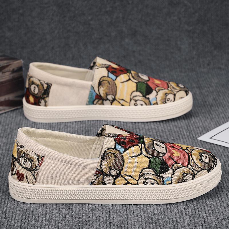 2024 Spring New Shoes for Men Casual Shoes Bear Print Flat Shoes Youth Street Cool Slip-on Loafers