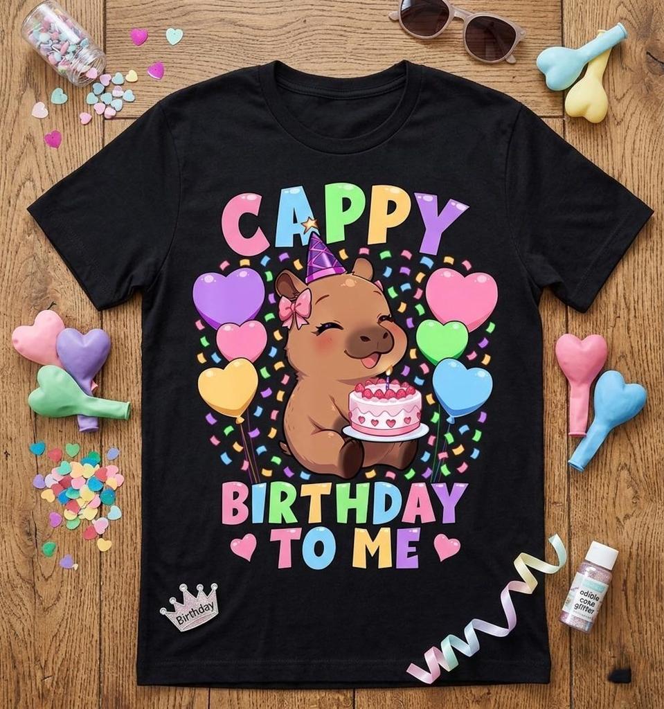 Kawaii Capybara Birthday Shirt, Cappy Birthday To Me Tee, Girls Kids Party
