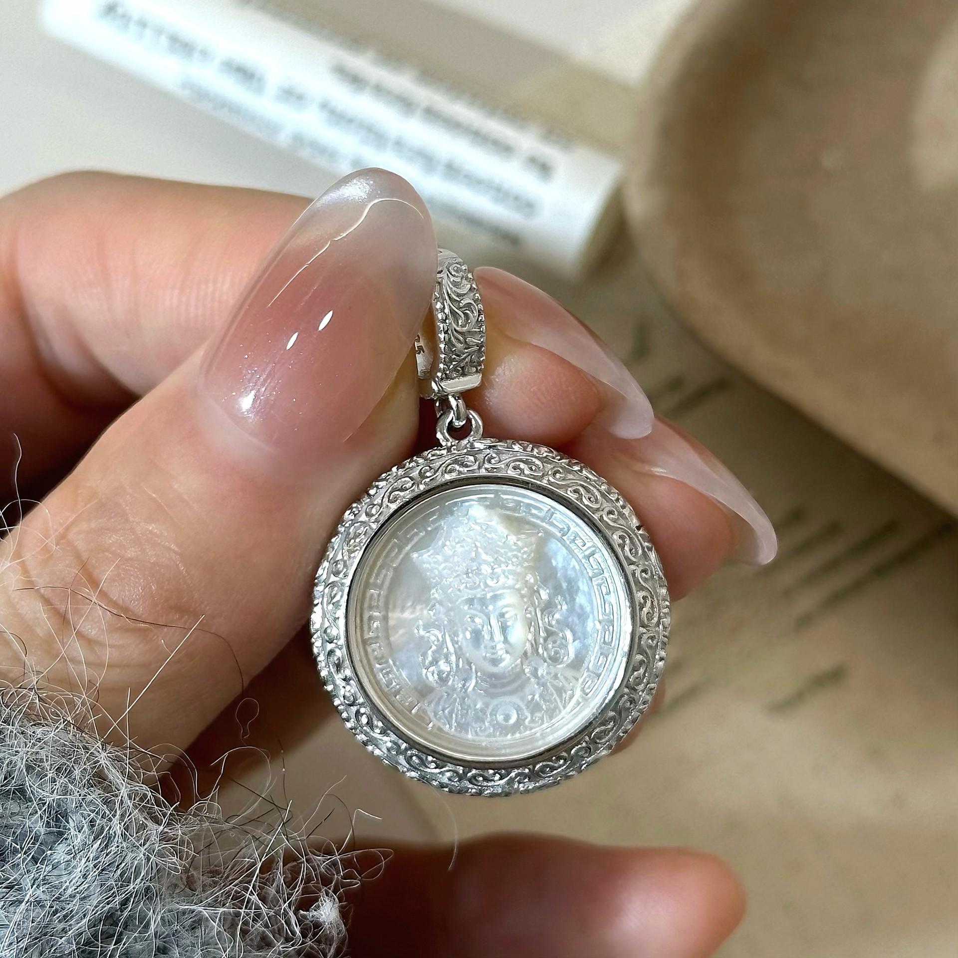 

S925 Sterling Silver Guanyin Pendant Necklace with White Shell and Arabesque Pattern 925 Silver